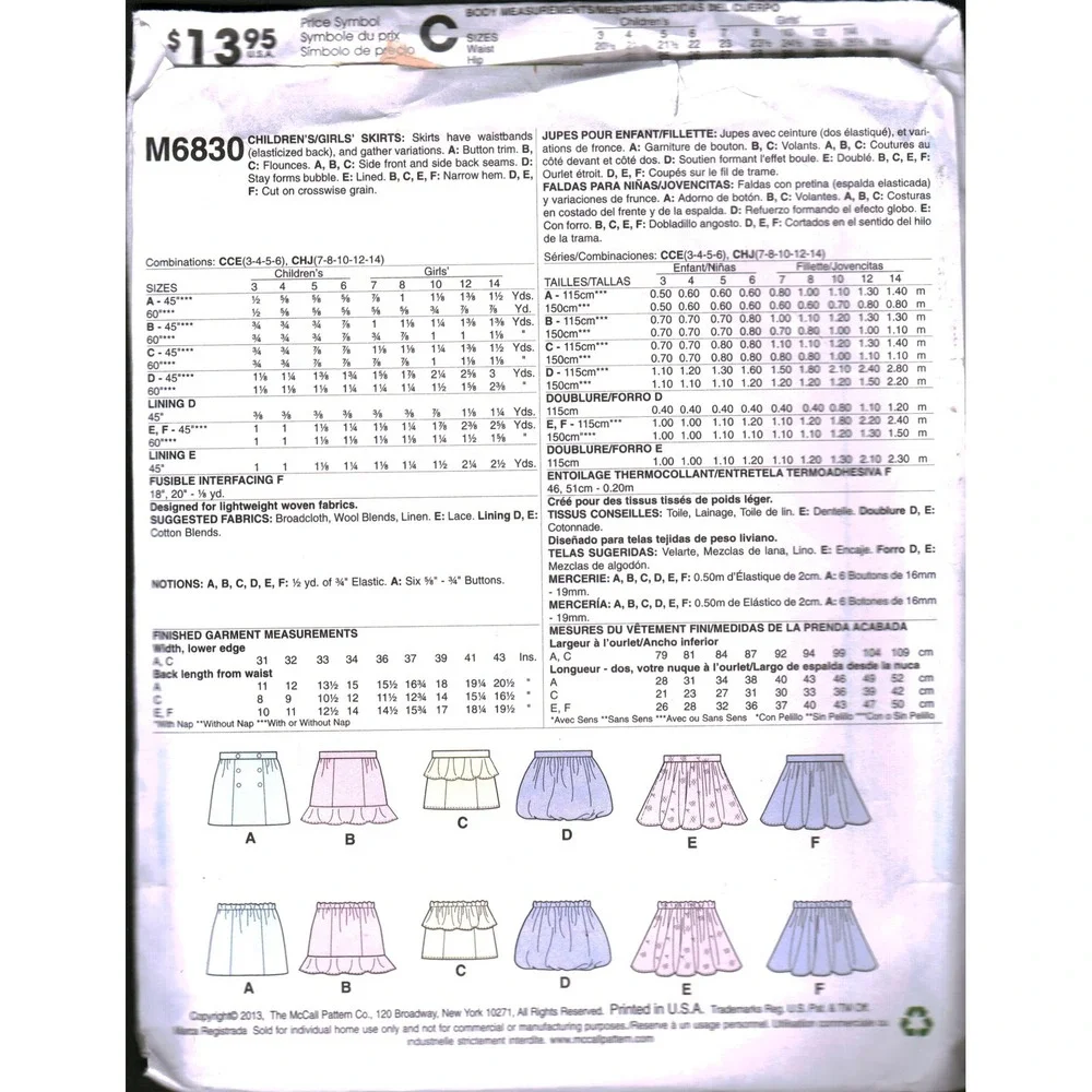 McCalls M6830 Kids Girls Skirt Sewing Pattern Sizes‎ 3-4-5 cut Easy Skirts